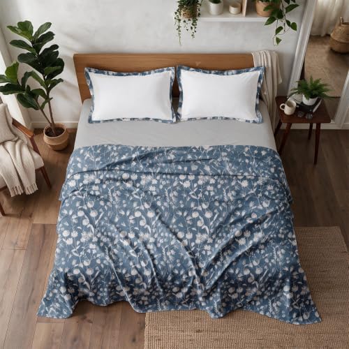 Image of Linen Home Cotton Percale Flat Bedsheet Set King Size Blossomy Blue