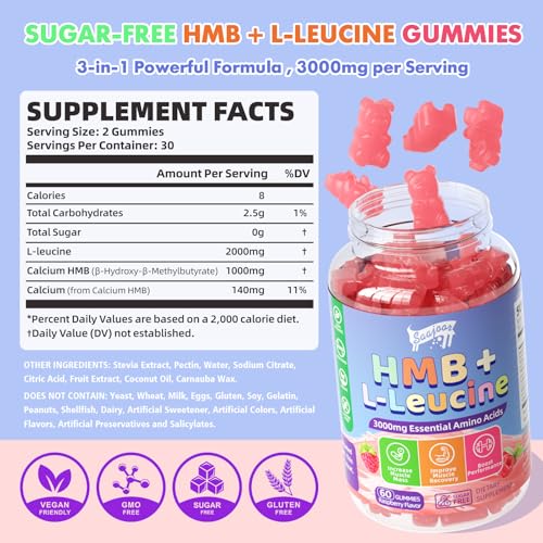 HMB and L-Leucine 3000mg with Calcium Gummies - Muscle Support & Recovery for Adults & Elderly, Vegan, Non-GMO, Gluten Free, 60 Gummies - Image 3