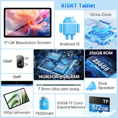 Image of Android 13 Tablet 11 inch Computer Tablets, Octa-Core Processor with 6+8GB RAM and 256GB ROM Storage, 2K IPS Touchscreen, WiFi, 18W Type-C Fast Charging, 7500mAh 13MP + 5MP Camera