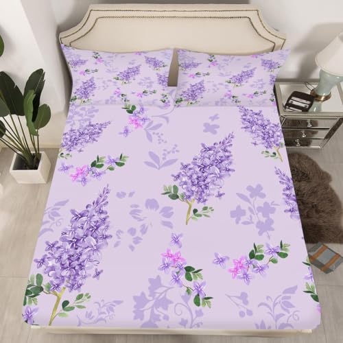 Fuyeun Floral Bed Sheets Set Twin Fitted Sheets Purple Lilac Flower Bedding Flat Sheet Women Girls Kids Modern Farmhouse Top Sheet Aesthetic Sheet Set 1 Pillowcase thumb #5
