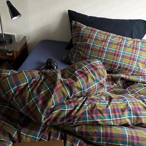 Image of mixinni Buffalo Plaid Duvet Cover Queen Size - 100% Washed Cotton 3-Piece Bedding Set for All Seasons, Retro Grid Design, Soft Breathable Comforter Cover with Zipper Ties for Men, Women-Queen Size