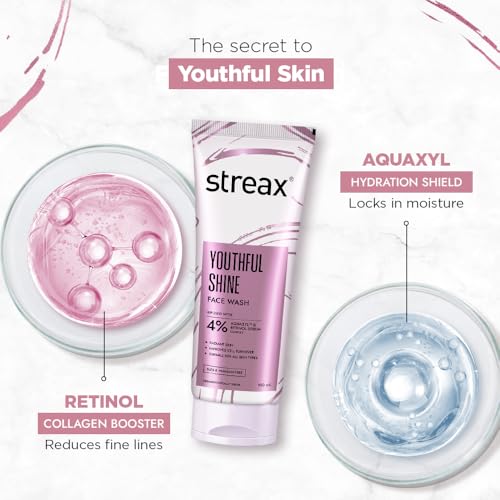 Image of Streax Youthful Shine Anti Ageing Face Wash Cleanser, 100 ml | 4% Aquaxyl & Retinol Serum Complex | Gentle Cleanser For Fine Lines & Wrinkles | Anti-Ageing | For Man & Woman | Daily Use Face Wash | Sulphate & Paraben Free | Dry, Normal & Sensitive Skin