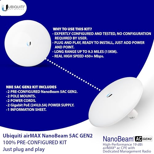 Wireless Bridge NBE-5AC-GEN2 Pre-Configured Bundle of 2, Ubiquiti NanoBeam Point to Point Wi-Fi Bridge Outdoor, Plug and Play 450+ Mbps, 5 GHz, 10+ km Link Range - Thumbnail 3