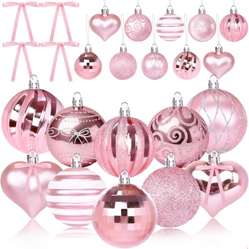 20 Pcs Christmas Ball Ornaments Pink Christmas Ornaments Glittering Plastic Hanging Decorations with 10Pcs Pink Bows Christmas Tree Decorations