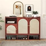 elegante credenza in rattan color noce 3 ante curve in rattan, 4 ripiani aperti soluzione versatile per riporre oggetti per la tua casa 120 x 36 x 80 cm - credenza, scarpiera, mobile ad angolo