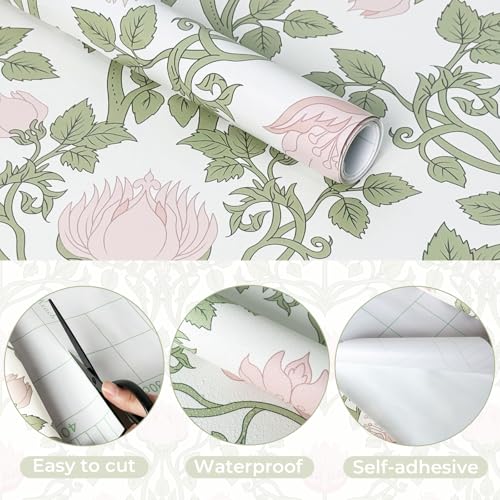 YXTII Floral Wallpaper Peel and Stick - 393.7\" × 17.3\" Pink and Green Wallpaper for Bedroom Decorative Self Adhesive Shelf Drawer Liner