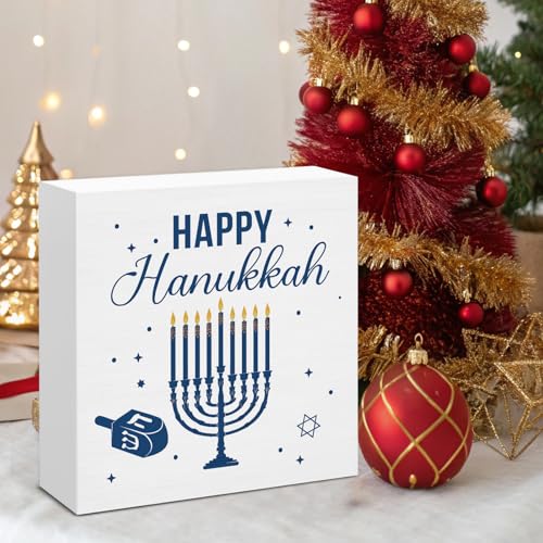 Image of Hanukkah Decor, Happy Hanukkah Wood Box Sign, Jewish Home Office Decorations for Desk Table Shelf 5 X 5 Inches