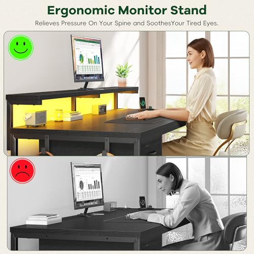 Image of DurayLoly 47.2 inch Gaming Desk with Power Outlet and LED Lights,Computer Desk with Adjustable Monitor Stand and Drawer,Office Desk with CPU Stand for Home Work,Study and Gaming, Small Spaces,Black
