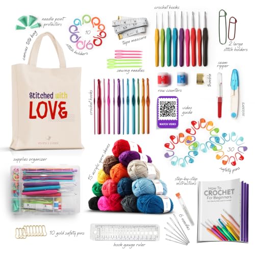 Image of Hearth & Harbor Crochet Kit 114 Piece with 1500 Yards Assorted Yarn Kit, Ergonomic Hooks, Crocheting Instruction, Knitting & Crochet Supplies - Beginner Crochet Kits for Adults, Ideal for Amigurumi