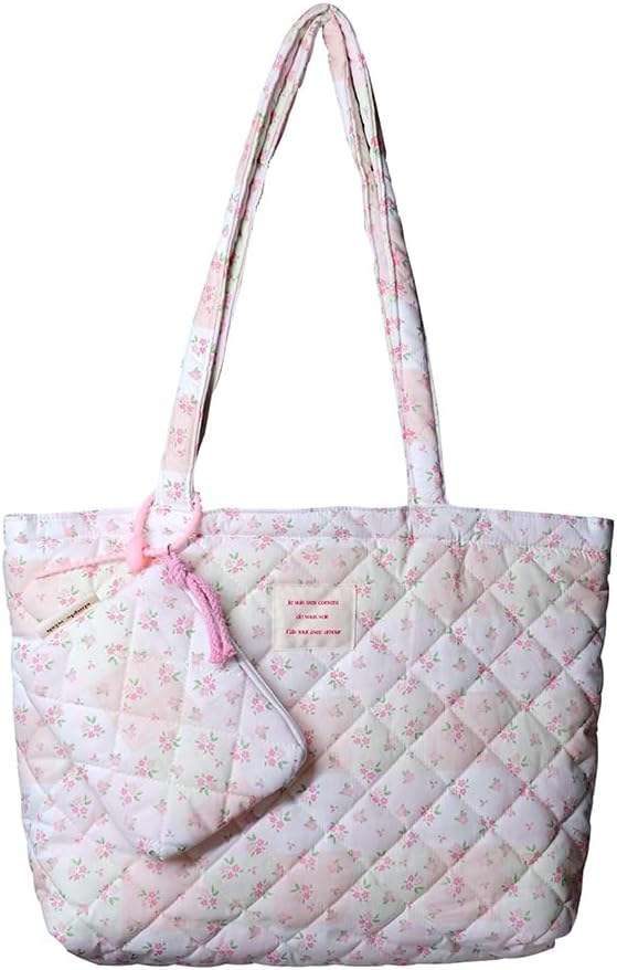 Floral Quilted Cotton Shoulder Bag Set 2-in-1 Tote with Mini Pouch Women’s Lightweight Reusable Daily Handbag A054