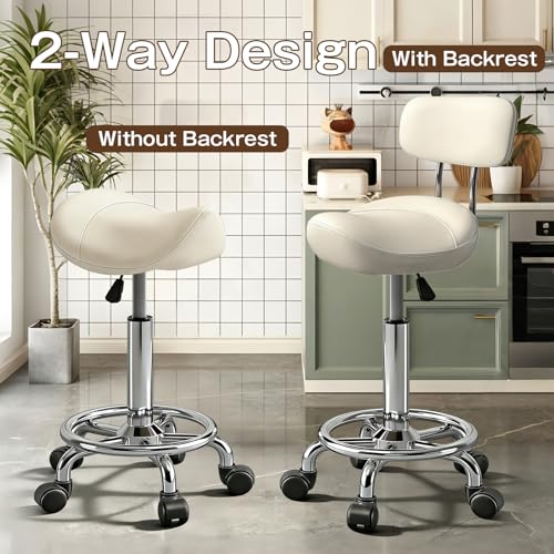 Image of Saddle Stool Adjustable Height Ergonomic Swivel Chair | PU Leather Saddle Seat without Back and Ring Pedal for Salon, Spa, Medical, Massage & Drafting Use White