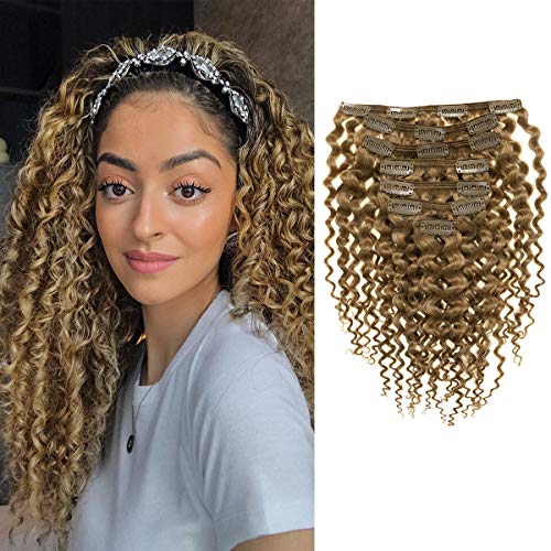 Anrosa Afro Jerry Curly Clip in Hair Extension 16Inch 3B 3C Curls Full Head Human Hair #27 Strawberry Blonde Color Natural Real Hair Thick End 8A Hair Extensions with 120gram 7pieces Per Pack
