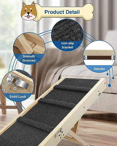 Klappbare Hunderampe aus Holz -Hundetreppe Höhenverstellbar 25-48cm mit Rutschfester Matte für Bett & Sofa | Leichte Haustierrampe auch für Katzen