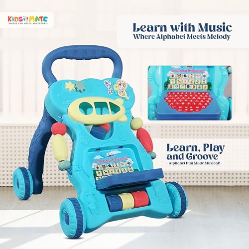 Image of Kidsmate Baby Activity Walker | Push Walker for Babies 6-18 Months | Foldable Musical Baby Walker with Toy Bar | Safe & Non-Toxic Design for Baby Development & Learning Toddler Toys - Blue