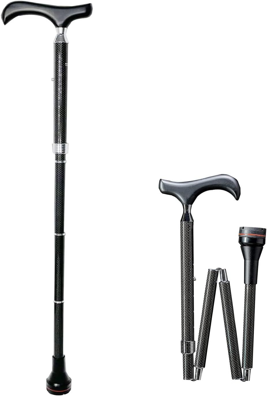 Black Collapsible Cane, Adjustable Carbon Fiber Walking Stick, Lightweight Walking