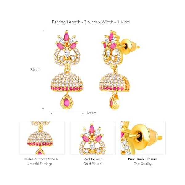 Peora Gold Plated Cubic Zirconia Studded Jhumki Earrings Jewellery for Women & Girls - Image 4