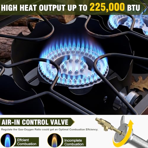 Image of BESTFIRE 3 Burner Camping Stove, 225,000 BTU Propane Stove with Detachable Windscreen, Removable Legs & 20 PSIG Regulator&Octagonal Auxiliary Shelf&Ignition wire for Outdoor Cooking, Canning, BBQ