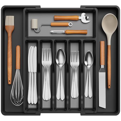 Lifewit Besteckkasten für Schubladen mit Rutschfestes TPR, Verstellbarer Schubladeneinsatz Besteckeinsatz, Besteckhalter Utensilienhalter Schubladen Organizer Küche für Löffel/Messer, Schwarz & Grau