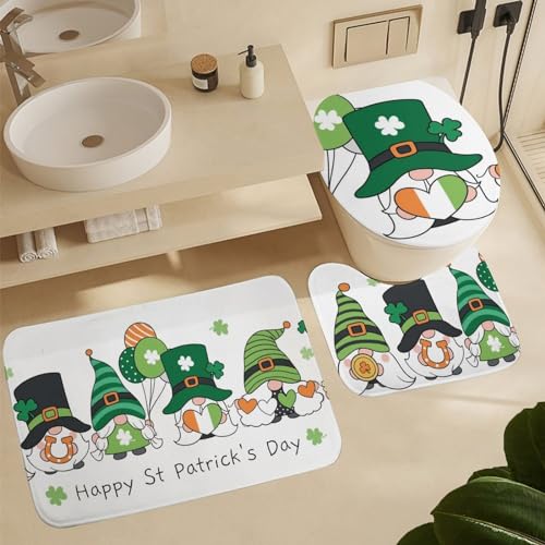 DamTma Cute Gnomes Bathroom Rug Sets 3 Piece Non Slip Happy St Patrick's Day Bath Rug Set with Toilet Cover U Shaped Toilet Mat Bathroom Decor Accessories 20"x32"