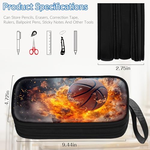 Image of TILYTADLY Large Pencil Case for Boys - Basketball Boys Pencil Pouch with Zipper Compartments - Big Capacity Pen Box Pen Bag Organizer with Keychain for Kids Teens School