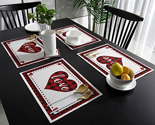 Valentines Day Placemats Set Of 6, Red And Black Buffalo Check Plaid Love Cotton Line Fabric Heat Resistant Table Mats Non-Slip Washable Mats Decoration For Home Kitchen Dining Wedding Holiday Party #TOP1