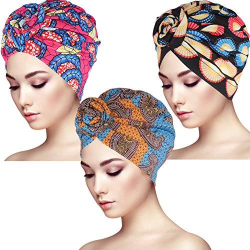 BKpearl 3 Packs Women Turban, African Pattern Knot Sleep Hat Headwrap Beanie Pre-Tied Bonnet Chemo Cap Hair Loss Hat (Style 1)