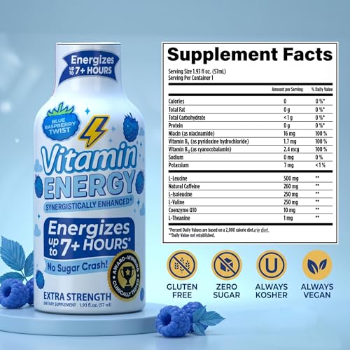 Image of Vitamin Energy Blue Raspberry Twist Extra Strength Energy Shot, 24 Pack - Up to 7 Hrs, 260mg Natural Caffeine, Zero Sugar - Electrolytes + BCAAs, Hydration, B12 B6 Niacin, 1.93 fl oz, Keto Vegan