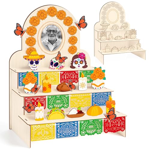 Eternity sky Dia De Los Muertos Decorations Wooden Shadow Box with Butterfly Papel Picado Day of The Dead Altar Photo Frame Ofrenda Decor Remembrance Memorial Supplies