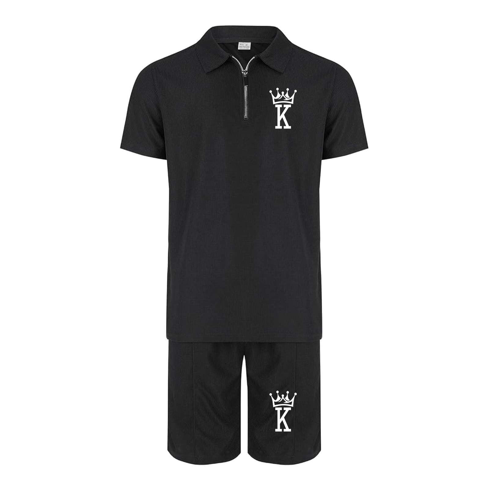 Generico Tuta Uomo Estiva Completo 2 Pezzi Polo a Manica Corta con Zip e Pantaloncini Casual Set Sportivo Texture a Nido d'Ape Abbigliamento Mare e Tempo Libero Traspirante