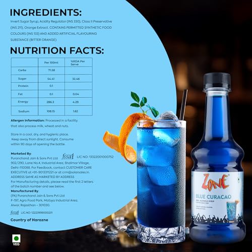 Image of Zone Blue Curacao Syrup 300ml | Tropical Citrus Flavour for Mocktails, Cocktails, Lemonades & Sodas | Bar Syrup, Alcohol Free, More Servings | Premium Cafe Style Taste for HoReCa & Home Use | 12+ Flavours