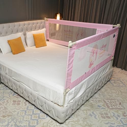 Image of Kids Station Baby Bed Rail Guard for Toddlers Safety - Easy to Fold - Portable and Adjustable Height - Baby Safety Essential - 6.6ftx6ft or 200x180cm (2 Sides, Pink, with Pocket)