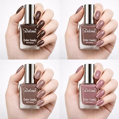 Image of Delona Nail Paint Combo Pack of 4 for Indian Skin Tones I Quick Drying Nail Polish, Glossy Nude Nail Kit I Highly Pigmented & Long Lasting Enamel I Chip Resistance 10ml Each - Gift Set for Women