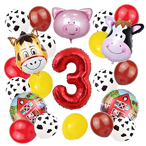 Bauernhof Tier Ballon für 3. Geburtstag Party Dekorationen Kuh Luftballons Kuh Druck Barnyard Ballon Supplies mit Großer Zahl 3 Folienballon (Rot 3. Geburtstag) Cover