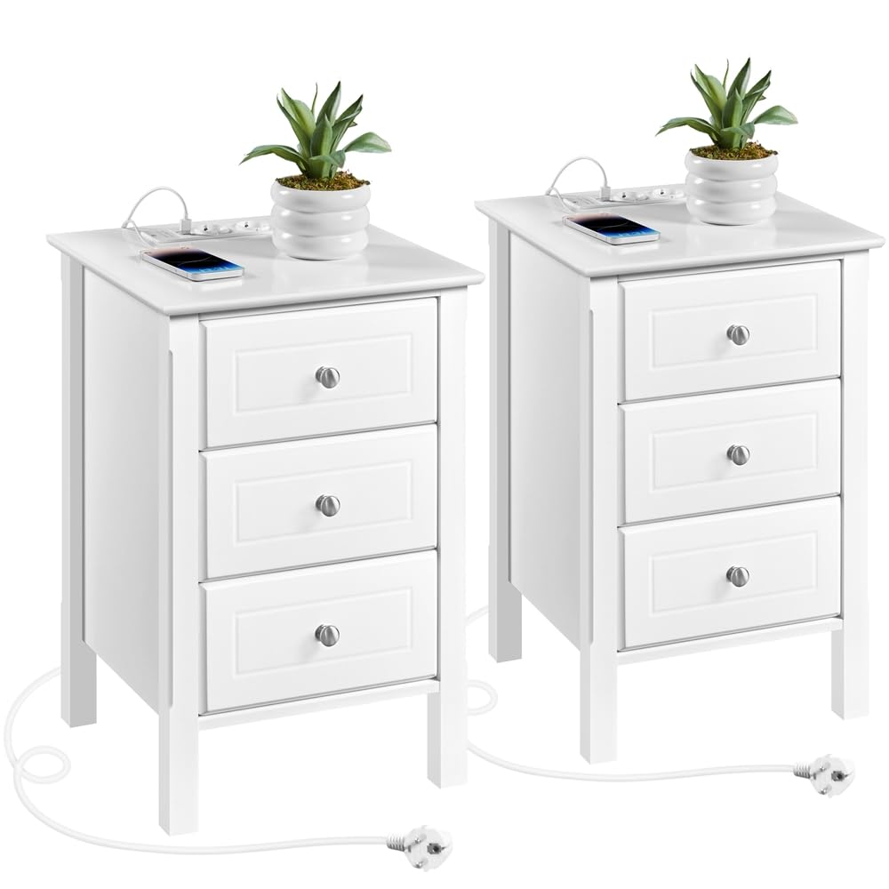 Yaheetech 2pcs Mesitas de Noche con Estación de Carga y 3 Cajones 40x40x60 cm Mesillas de Noche Vintage Cable 2M para Dormitorio Mesita de Madera MDF