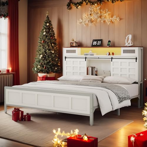 YITAHOME Farmhouse King Size Bed Frame with 4914 Tall Storage Headboard Charging Station Led Light Sliding Barn Door Wooden Platform Bed Frame Metal Slats Support No Box Spring Needed White