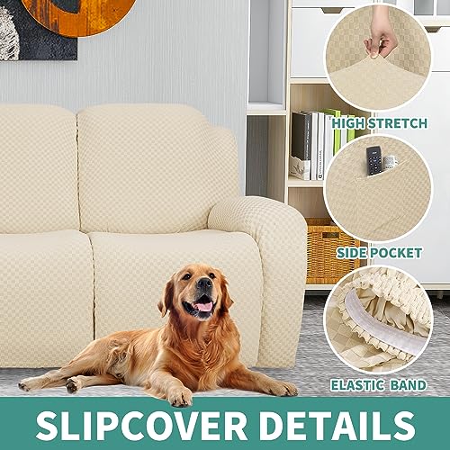 Image of YEMYHOM 8 Pieces Stretch Recliner Sofa Cover Jacquard Reclining Couch Cover with Side Pocket Anti-Slip Fitted 3 Cushion Furniture Slipcovers with Elastic Bottom (Sofa Recliner, Beige)