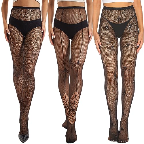 MANZI 3 Paar Damen Halloween Strumpfhosen Schwarz Fischernetz Strümpfe hässlich Spinnennetz/Spinne/Skelett Muster Strapsstrümpfe Einheitsgröße