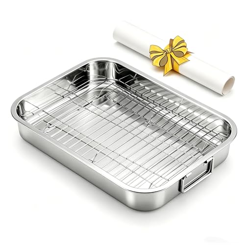 Stainless Steel Roasting Pan With Rack,16.54 * 12.6 * 2.56 Inches Non-Stick Ovens Baking Pan For Turkey,Chicken,Steak,Lasagna,Salmon,Vegetable (Extra Large)