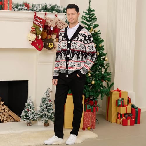Cozople Ugly Christmas Sweater Men's Reindeer Cardigan Sweater Xmas Shawl Collar Knitted Cardigan2