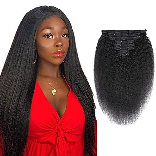 Clip in Hair Extensions Kinky Straight 100% Unprocessed Human Human Hair Full Head Yaki Thick End 8 Pieces/Lot 125g with 18 Clips (24", Kinky Straight)