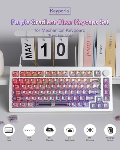 Image of Purple Gradient Clear Keycaps, 125 Keys MOA Profile Transparent Keyboard keycaps, Shine Through Key caps, Compatible with 60%, 65%, 75%, 96%, Full-Sized Layout Mx Switches Mechanical Keyboard