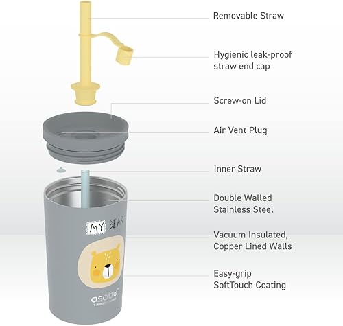 Miniatura 5 de asobu Vaso de acero inoxidable para niños con tapa flexible con popote  Botella de agua aislada  Vaso de viaje reutilizable de 12 onzas (gris)