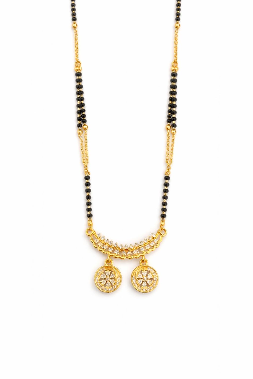 Gold Plated Mangalsutra Necklace for Women with Black Beads & Double Round Diamond Pendant | Traditional Artificial Mangalsutra for Daily & Wedding-image-46
