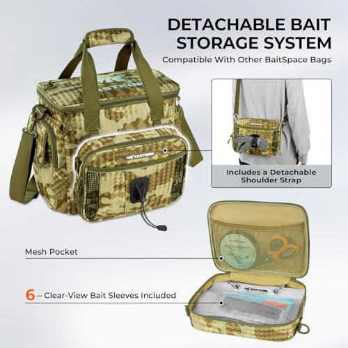 KastKing BaitSpace Fishing Tackle Bag With 4 Tackle Boxes & Removable Bait Binder, Water-Resistant Tackle Storage, Durable Fishing Gear, Adjustable Shoulder Strap