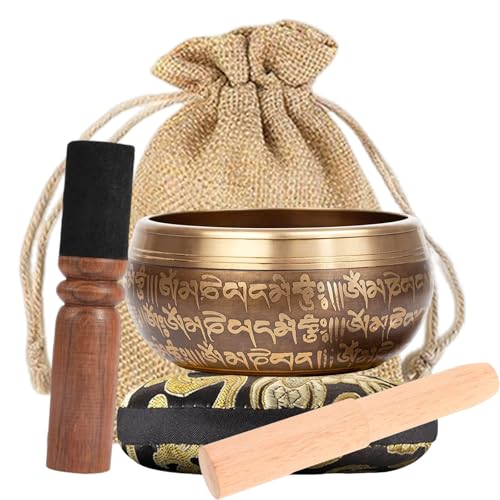 Campana Tibetana, Set con Campana Tibetana, Set di Ciotole Tibetane, Ciotola Per Cantare, con Cuscino e Bacchetta in Legno, Realizzato a Mano in Nepal per Yoga, Meditazione, Relax, 10.5 CM