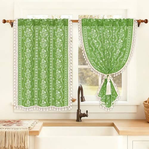 Image of Yinhua Boho Kitchen Curtains 36 Inch Length Vintage Linen Cafe Curtains Light Filtering Bohemian Floral Tier Rod Pocket Farmhouse Rustic Tassel Small Drapes with Tiebacks, 2 Panels, Green