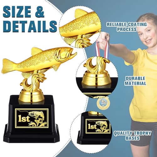 Liliaafar 6 Pcs Fishing Derby Award Set Include 5" Fishing Reward Trophy Medals with Neck Ribbons Funny Gold and 1st 2nd 3rd Prize Stickers for Teens Adults Fisherman Competition