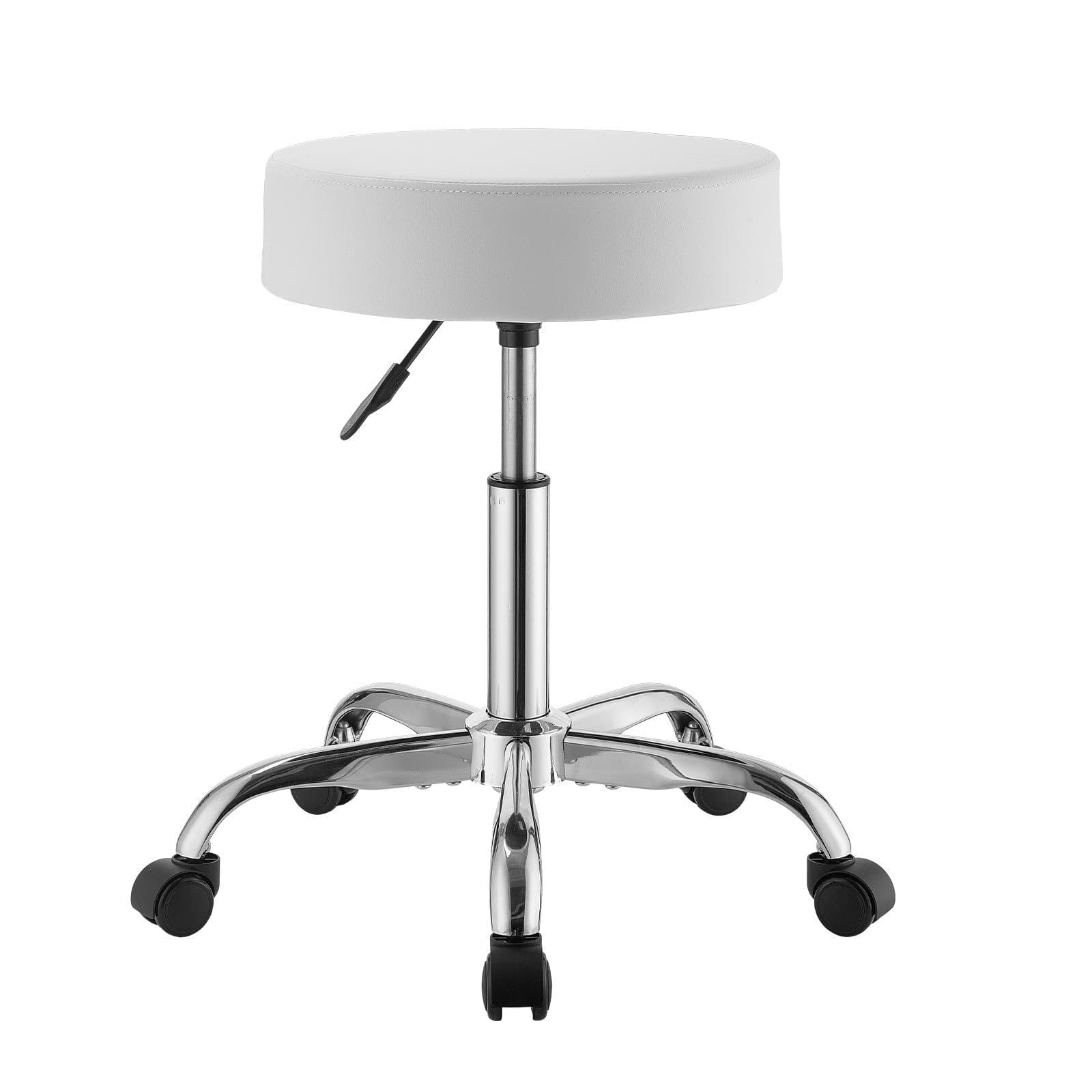VEVOR Rolling Stool with Wheels, 500 lbs Weight Capacity, Height Adjustable, Thick Cushion Ergonomic PU Leather Seat, 360° Swivel Round Rolling Stool Chair for Salon, Spa, Clinic, Medical, White