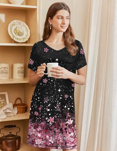 Image of Ekouaer Nightgowns for Women Short Sleeve Sleep Shirts V Neck Nightshirts Soft Sleepshirt Caual T Shirt Sleepdress