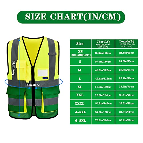 Image of Reflective Construction Vest, Radio Loop, Zipper, Yellow /Green, S | Yellow /Green S fabric work vest with transparent ID pocket, radio mic loop and reflective strips for property maintenance.